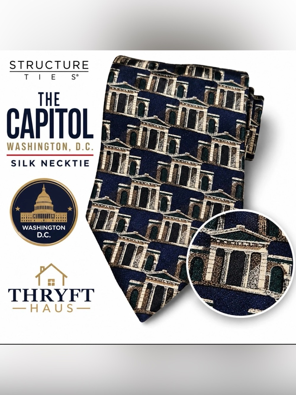 Structure Navy Tie with Cream & Tan Architectural Motif
